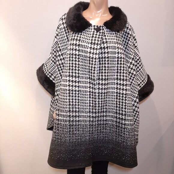 Marina Luna Houndstooth Cloak Winter Fleece Cape Poncho Coat Faux Fur Trim L XL - Picture 2 of 15